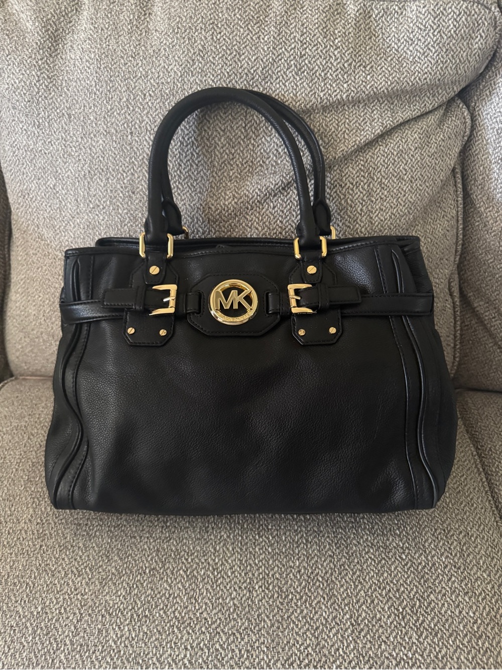 Michael Kors Black Leather Satchel with Gold Accents